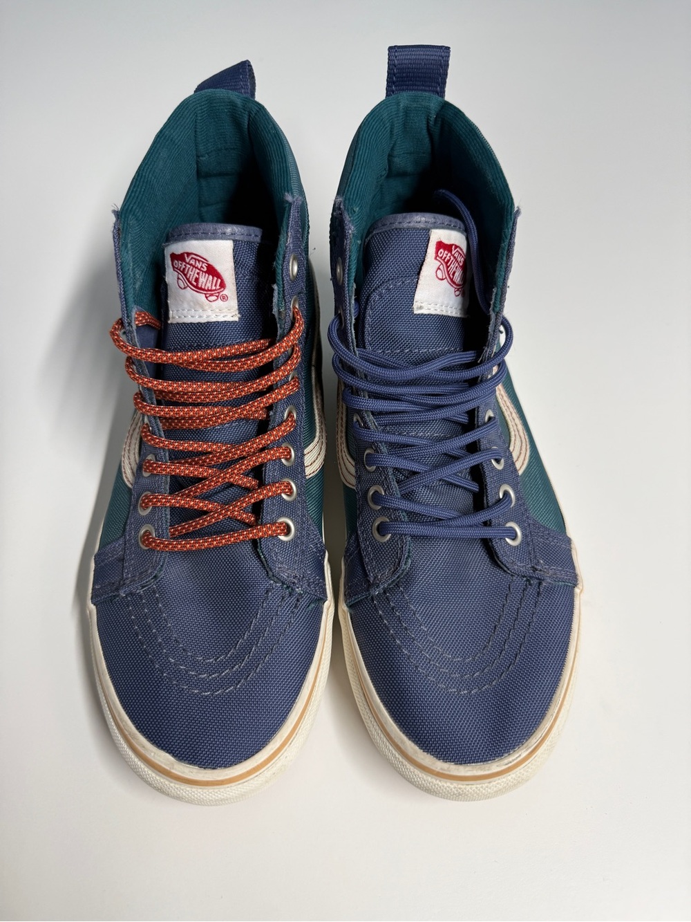 Vans Men’s High-Top Canvas Sneakers in Navy, Teal and Rust Lace Accent